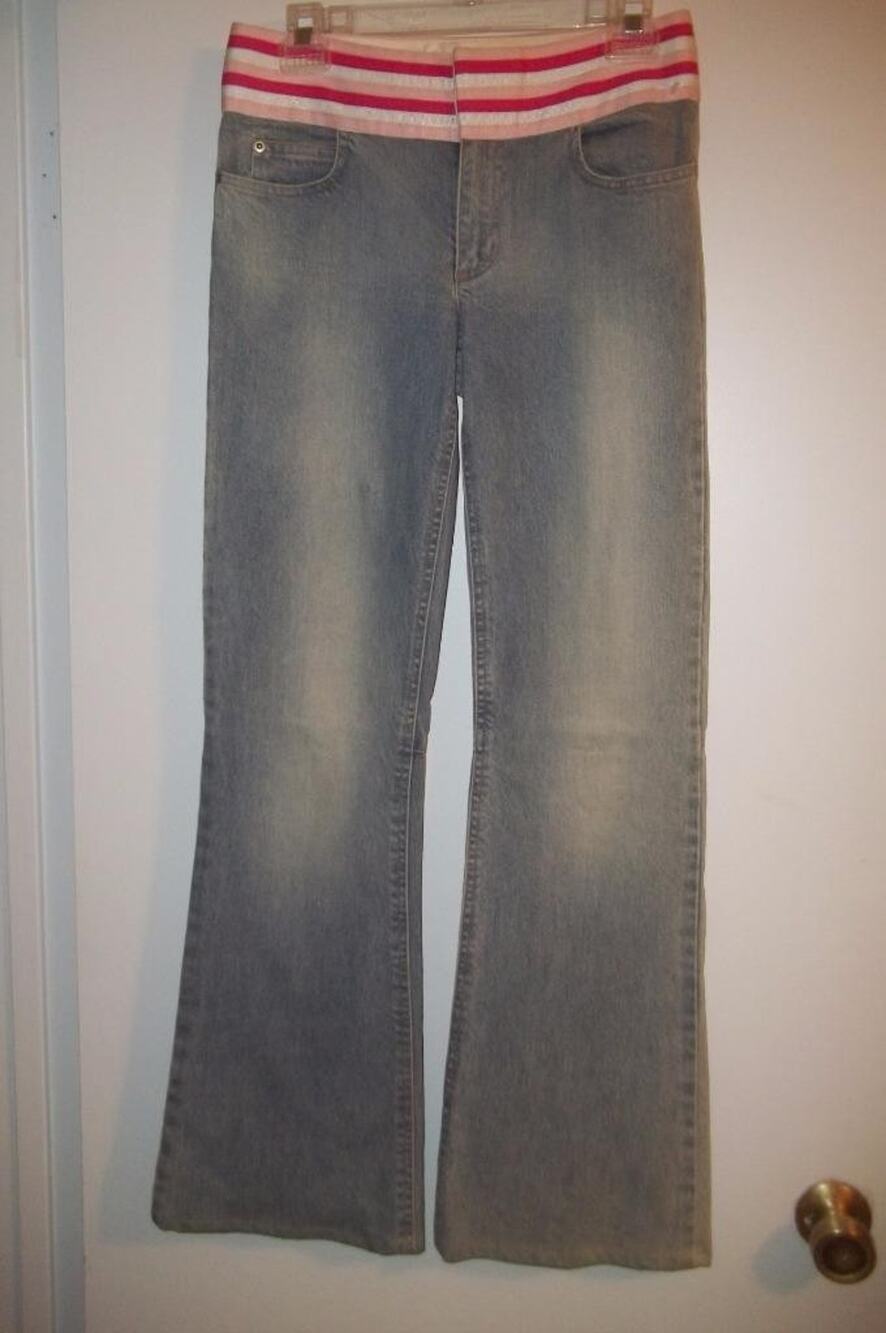 alice + olivia Pink & White Grosgrain Ribbon Waist Blue Boot Cut Denim Jeans 2